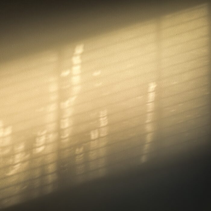 Late sun through window blinds falling in gold bands across a wall