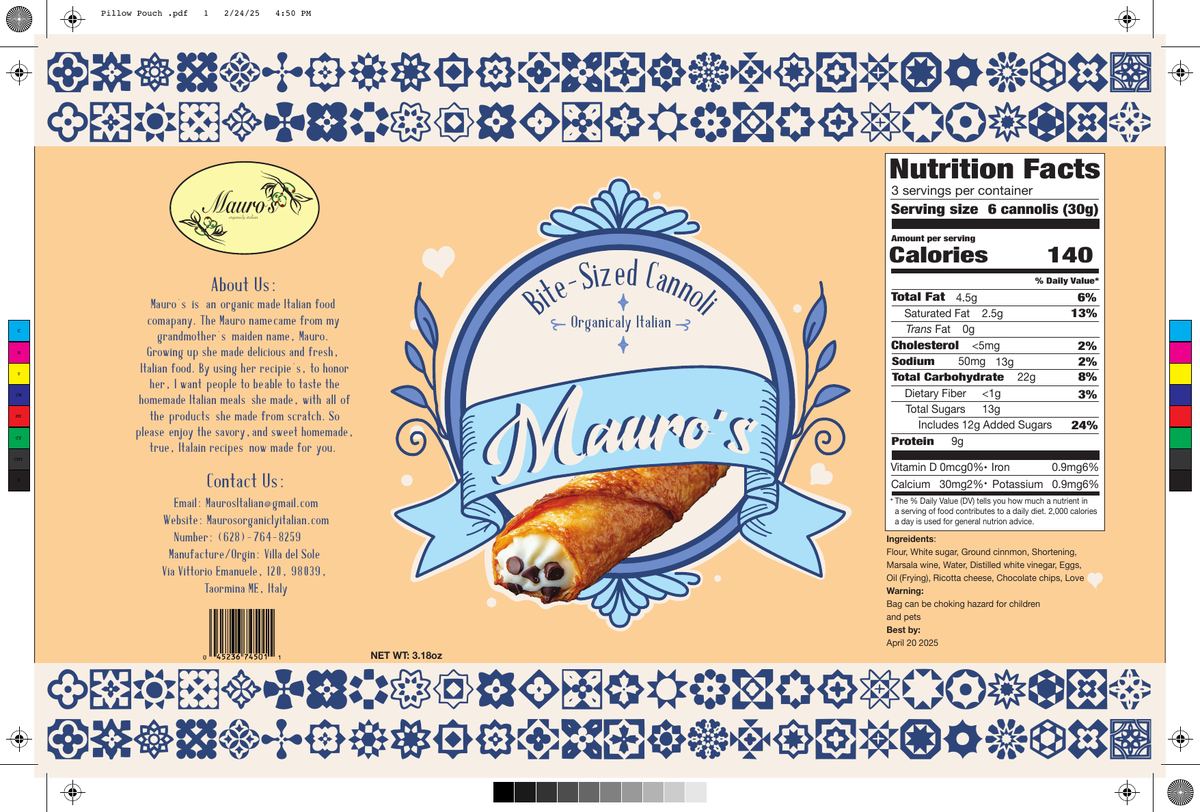 Mauro's cannoli pillow pouch packaging